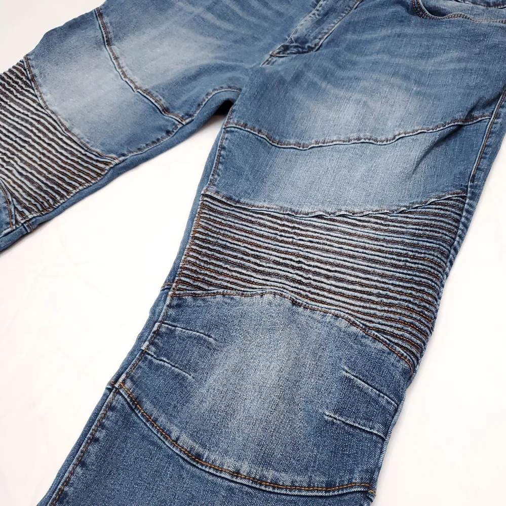 True Religion Men's Moto Blue Jeans ROCCO RELAXED SKINNY Size 40 Zip Pockets